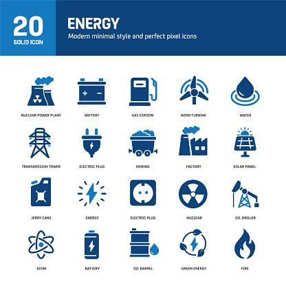 Energy solid icons. Containing fuel, nuclear, green energy, battery, oil solid icons collection. Vector illustration. For website design, logo, app, template, ui, etc.