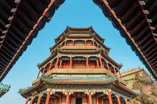 The photo shows the details of the Tower of Buddhist Incense, which is the major building in Summer Palace. Tourists can have a bird’s-eye view of Kunming Lake, and Yuquan Hill and the pagoda on the hill to the west when standing on the Tower of Buddhist Incense.