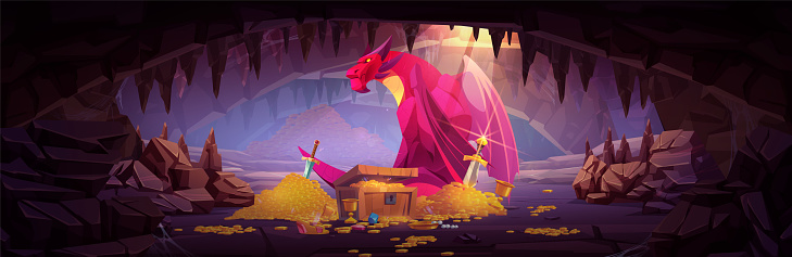 Dragon defense and guard treasure in cave. Cartoon landscape of dungeon with fantastic animal near coins and jewelry. Fairytale fantasy creature with wings defend pile of gold and diamonds underground