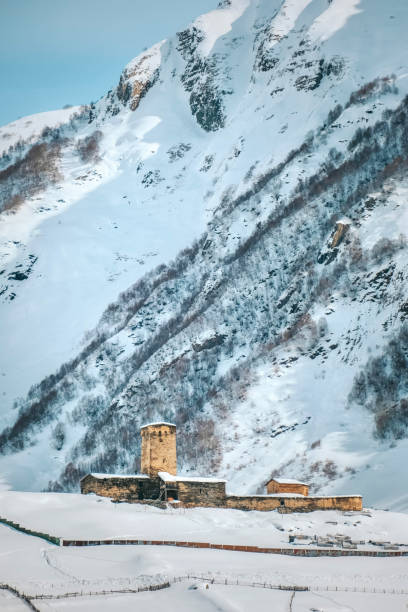 beautiful view snow-capped mountain landscape in georgia's ushguli region. - valley georgia river mountain fotografías e imágenes de stock