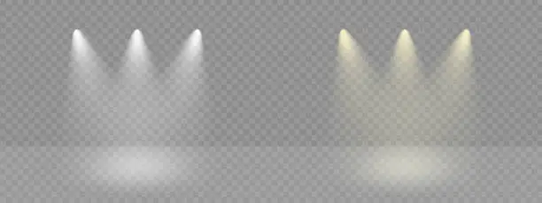 Vector illustration of Modern spotlight ray studio png scene. Transparent lamp beam cinema effect. Club empty stage glow. Projector festive vector illustration