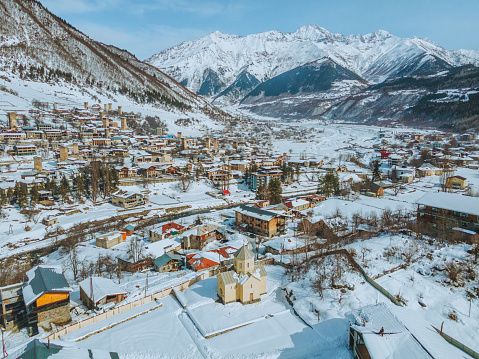 Beautiful panoramic view of lodging in Mestai, a rural village in northern Georgia. In the winter covered with snow