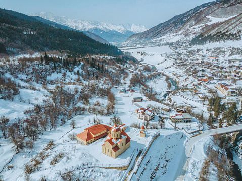 Beautiful panoramic view of lodging in Mestai, a rural village in northern Georgia. In the winter covered with snow