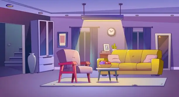 Vector illustration of Living room interior at night in house with couch