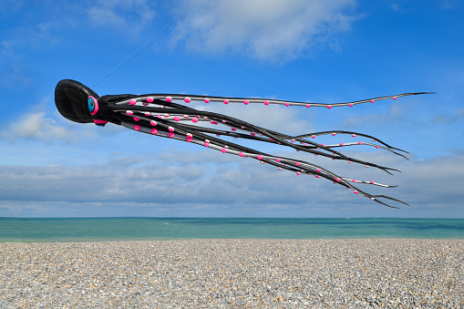 DIEPPE, FRANCE - SEPTEMBER 11, 2018: Kite festival. Octopus kites in the sky in the Atlantic ocean