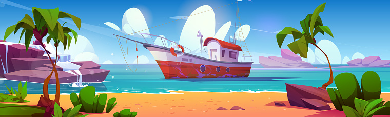 Fishing boat at sea or ocean shore. Cartoon vector summer sunny landscape with palm trees on sandy beach, ship and rocks in water, blue sky with clouds. Fisher vessel for aquaculture in lagoon.
