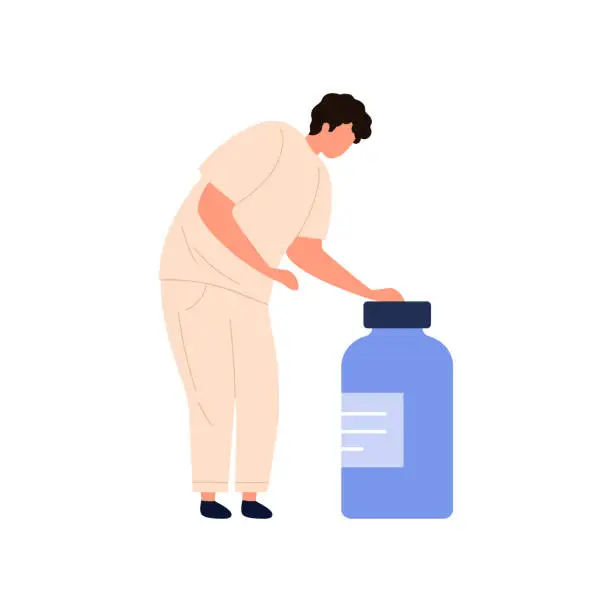 Vector illustration of Tiny doctor standing near big blue bottle of pills from pharmacy