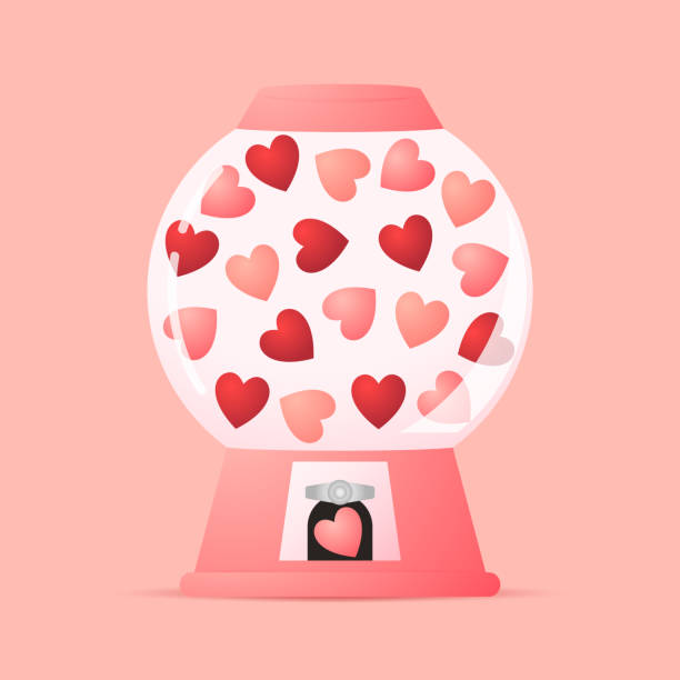 istock Heart in vending machine filled with red blue and white bubble gum hearts on pink background. illustration with transparent glass. Valentine's day. 1942488658
