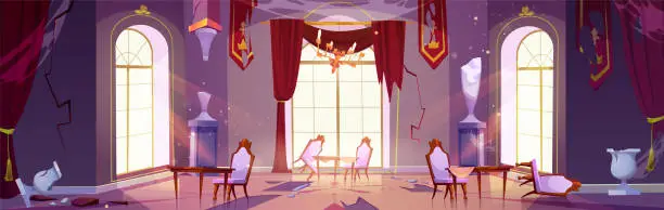 Vector illustration of Abandoned and broken ballroom interior.