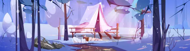 Vector illustration of Winter camping in tent on wooden patio in forest.