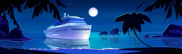 Vector illustration of Large cruise ship on sea or ocean coast at night.