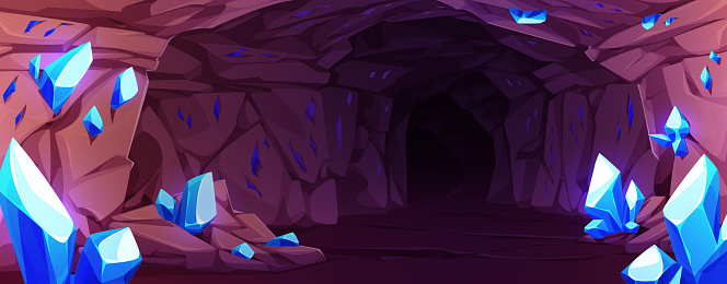 Dark cave with blue gemstones on walls. Vector cartoon illustration of underground mine tunnel with sparkling diamond stones, rocky mineral stalactites in dungeon, treasure search game background