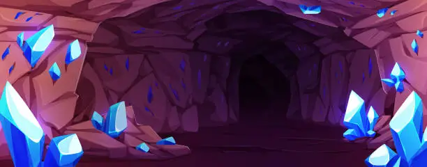 Vector illustration of Dark cave with blue gemstones on walls