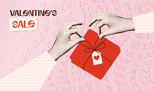 Vintage banner for Valentine's day. Halftone hand holds red envelope with hand drawn wings and heart. Collage with cut out symbols of Valentine's day. Vector illustration with doodles.