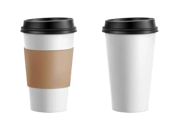 Vector illustration of 3d realistic vector icon illustration. White paper coffee cup with black lid and cardboard.