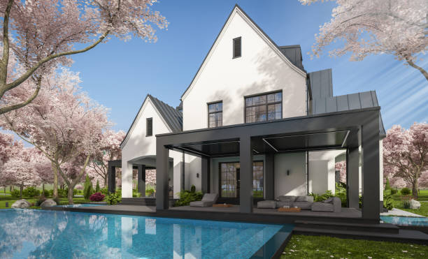 istock 3d rendering of new concrete house in modern style in spring day 1942513861