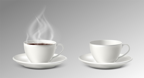 realistic vector icon illustration. White porcelain cup with sauser with coffee and empty.