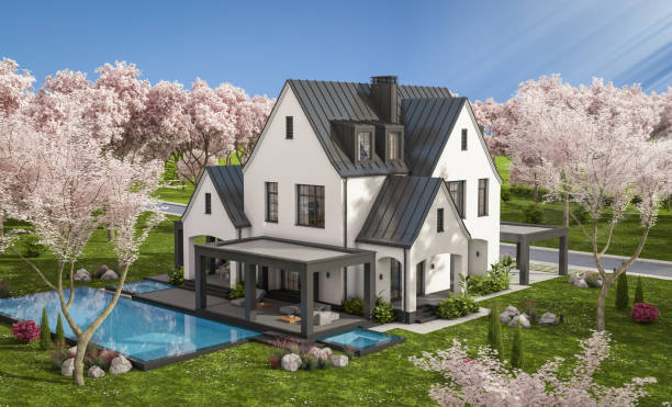istock 3d rendering of new concrete house in modern style in spring day 1942514115