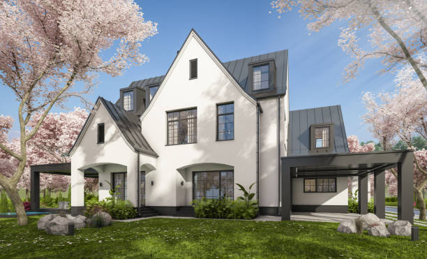 istock 3d rendering of new concrete house in modern style in spring day 1942514127