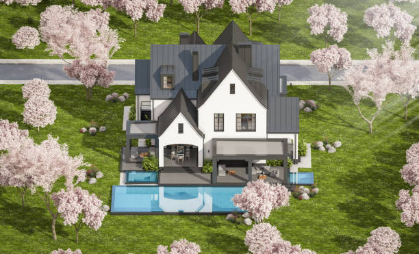 istock 3d rendering of new concrete house in modern style in spring day 1942514131
