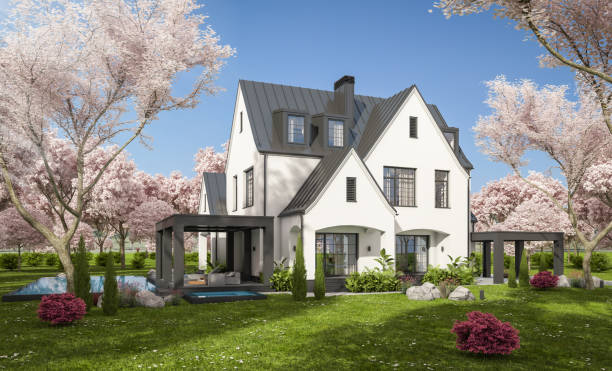 istock 3d rendering of new concrete house in modern style in spring day 1942514138
