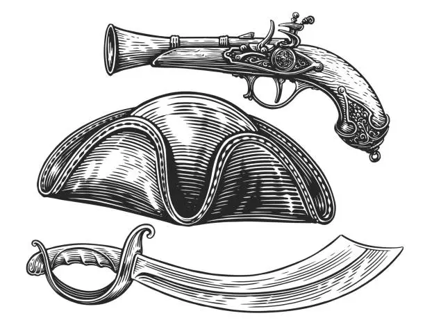 Vector illustration of Pirate set. Saber, pistol, cocked hat. Hand drawn sketch vintage vector illustration