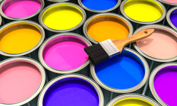 istock cans of coloured paint and brush. 3d render 1942515163