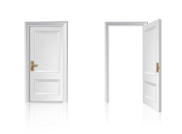 istock 3d realistic vector icon illustration. White wooden entrance door closed and opened. Isolated. 1942519373