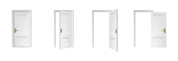 istock 3d realistic vector icon illustration. White wooden door opened and closed. 1942519374