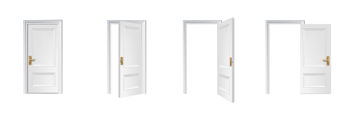 realistic vector icon illustration. White wooden door opened and closed.
