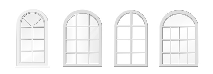 realistic vector icon illustration. Arched white wood windows. Isolated.