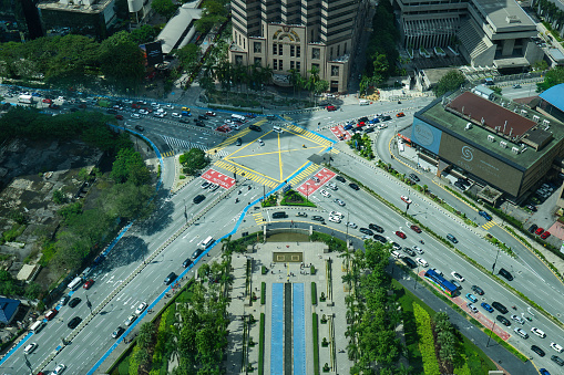 Kuala Lumpur, Malaysia - December 19, 2023: Aerial view of intersection between Jalan Ampang, Jalan P. Ramlee and Jalan Yap Kwan Seng in Kuala Lumpur.