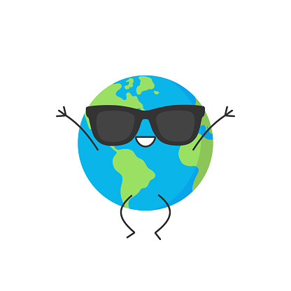 Earth cute character cartoon sunglasses planet jumping greeting smiling face happy joy emotions vector illustration.