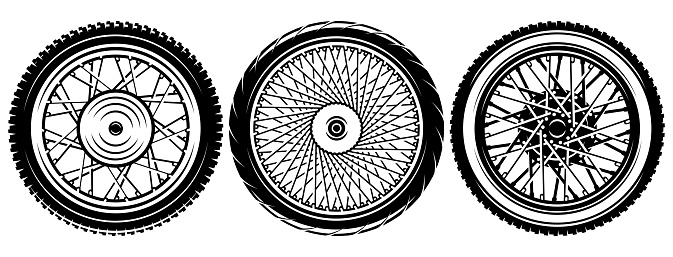 Set of three different style motorcycle wheels. Classic and styling disc. Urban and sporty look. Vector monochrome illustration.