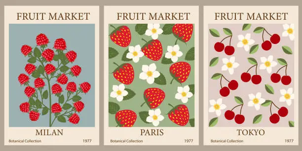 Vector illustration of Set of abstract Fruit Market retro posters. Trendy gallery wall art with cherry, strawberry, raspberry fruits. Modern naive groovy funky interior decorations, paintings. Vector art illustration.