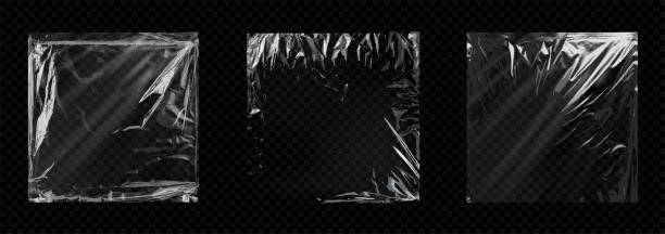 Set of High-Resolution Transparent Plastic Wraps with Realistic Textures and Folds Set of High-Resolution Transparent Plastic Wraps with Realistic Textures and Folds. Plastic sleeve or wrap with fingerprints texture overlay. Realistic set of square plastic package mocku. Vector plastic-bag stock illustrations