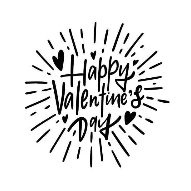 Vector illustration of Happy Valentine's Day lettering phrase sign and rays. Black color text vector art.