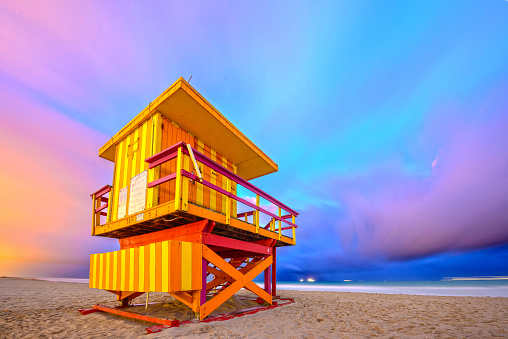South Beach, Miami, Florida, USA lifeguard post at twilight.