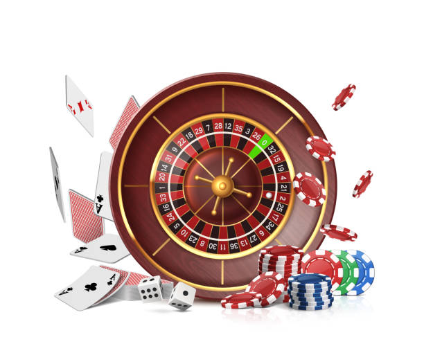 istock Casino roulette wheel with flying cards, poker chips and dice. Isolated on white background. 1942619040