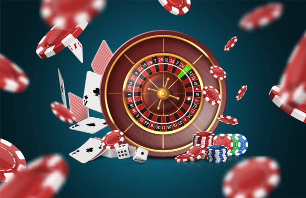 istock Roulette wheel with flying cards, poker chips and dice. Poker banner. Casino concept. 1942619044