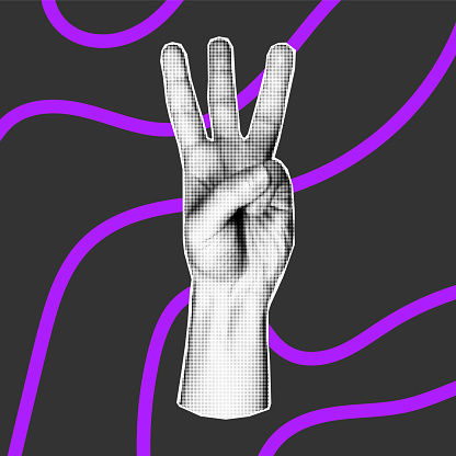 Vector element in retro halftone style on a dark background, bright purple doodle lines. Hand gesture with three fingers, counting by bending fingers. Pop art paper cut elements.