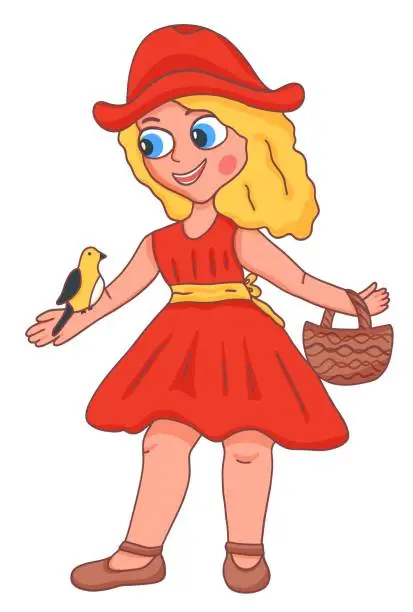 Vector illustration of Little red hood fairytale illustration. Girl with bird