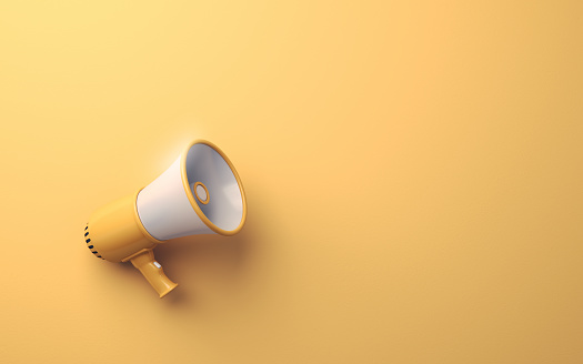 3d Render Yellow & White Megaphone on Soft Yellow Background,It can be used for concepts such as discount, announcement, election, vote, policy, state, winning, losing