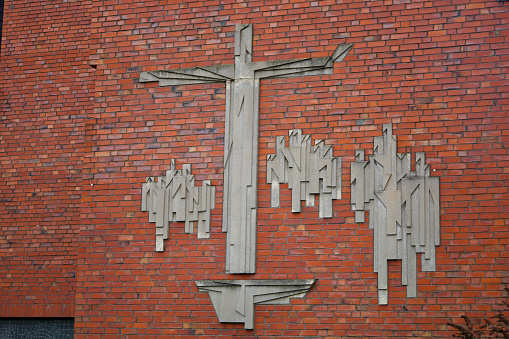 Frankfurt, Germany, January 04, 2024, Wall with decoration of a cross on it.