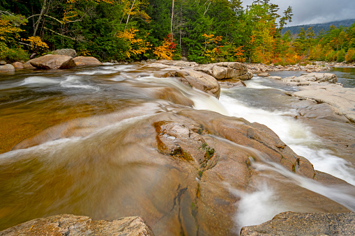 Autumnal leaf coloured forests on the Kancamagus Highway towards White Mountain.  This shows the Swift River running through the forest.