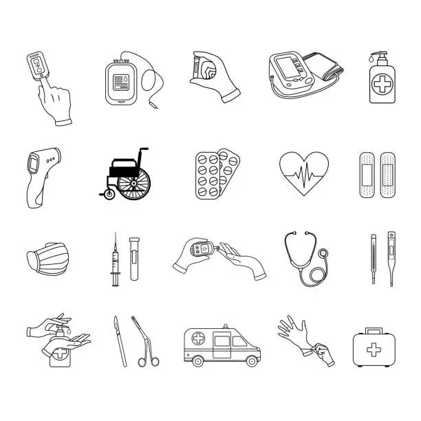 Vector illustration of Set of Medical Items for Coloring Pages. Syringe, Test Tube, Tonometer, Medical Mask, Thermometers, Tablets, Antiseptic, Glucometer, Pulse Oximeter, Wheelchair, Surgeon's Instruments, and Others. Vector illustration