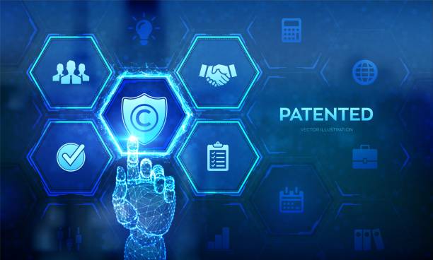 istock Patented. Patent Copyright Law. Copyright. Author rights, patented intellectual property business technology concept on virtual screen. Wireframe hand touching digital interface. Vector illustration. 1942653407