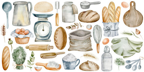 This watercolor painting features a collection of baking, bread and food tools. Each element has a charming, rustic style. Suitable for culinary projects, marketing materials.