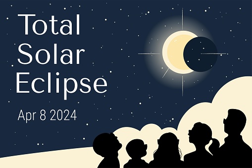 People in glasses watching solar eclipse. Hand drawn banner design. Vector illustration