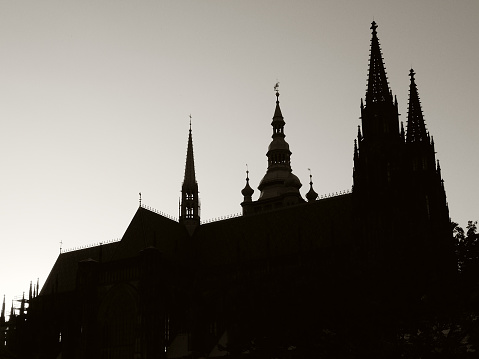 View of St. Vitus Cathedral from the Deer Moat. Monochrome. Silhouette.